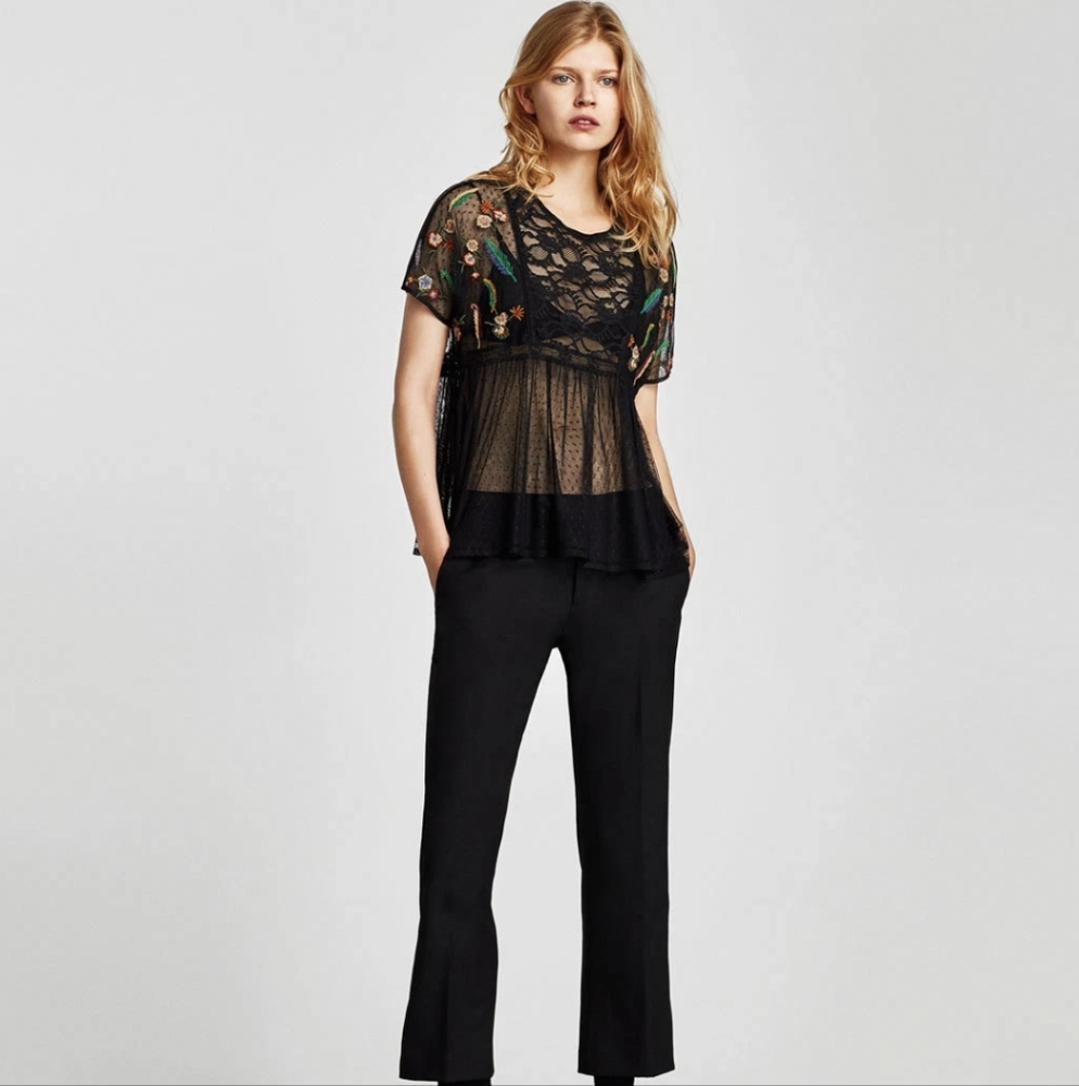 4/$40 Zara | Embroidered Floral Sheer Lace Crop Baby Doll Top Small Black Y2K